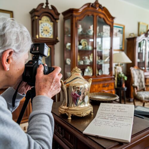Senior fotografiert Familienerbstücke und macht sich Notizen