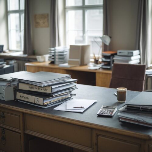 Modest eingerichtetes Büro mit Holzschreibtisch, Aktenordnern zu Mietangelegenheiten und einer leicht zerknickten Datei.