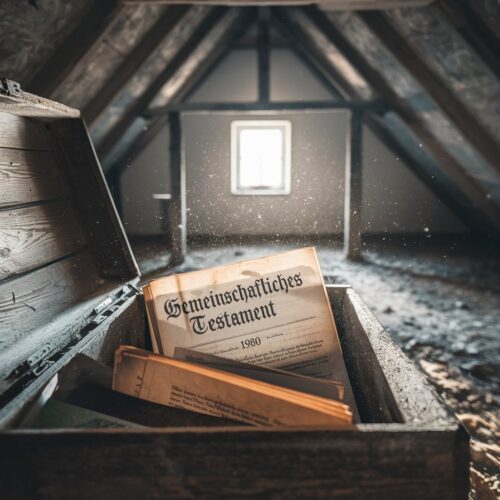 Altes Testament in einem staubigen Dachboden, Dokument mit "Gemeinschaftliches Testament" und Datum "1980" sichtbar.