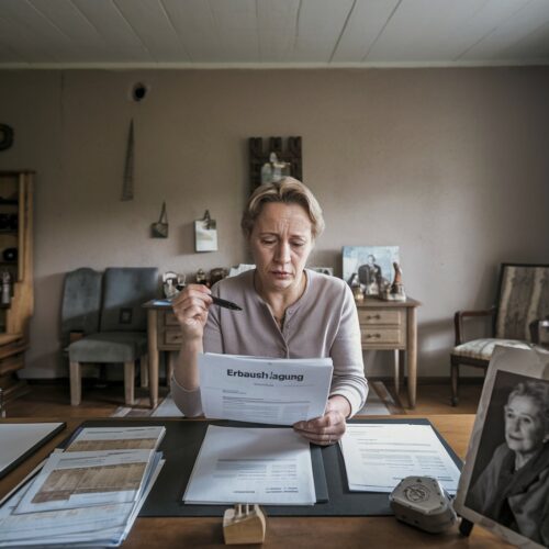 Frau mit Stift vor einem Dokument zur Erbausschlagung an einem einfachen Schreibtisch in ihrem Wohnzimmer.