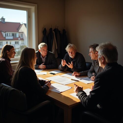 Geschwister besprechen mit Notar Erbangelegenheiten in Büro; Dokumente und Anspannung sichtbar.