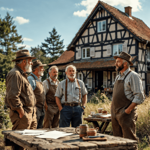 Männer diskutieren angeregt um Erbe auf einem traditionellen deutschen Bauernhof. Dokumente liegen auf einem Tisch.