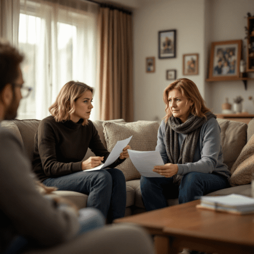 Familientreffen zur Klärung der Erbschaft, Stepmutter hält Unterlagen, Tochter zeigt sich besorgt.