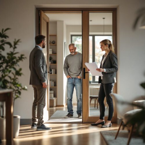 Ex-Lebenspartner steht im Türrahmen und konfrontiert den Erben mit rechtlichen Dokumenten zur Eigentumsübertragung.