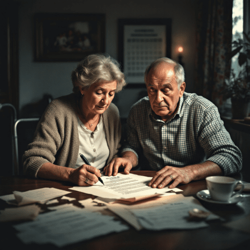 Elderly couple struggles over unsigned will at table, surrounded by legal documents in cozy living room.