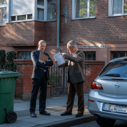 Streitgespräch vor einem Wohnhaus: zwei Personen mit Grundbuchunterlagen und Dokumenten auf dem Gehweg.