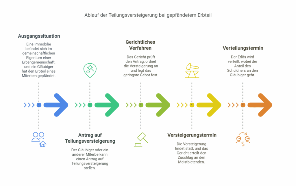 Visuelle Darstellung: Ablauf der Teilungsversteigerung bei gepfändetem Erbteil