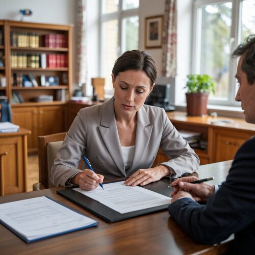 Frau unterschreibt Erbausschlagung beim Notar. Holzmöbel, Rechtsdokumente. Keywords: Erbschaft, Nachlassüberschuldung, Schulden, Erbschaftsrecht.