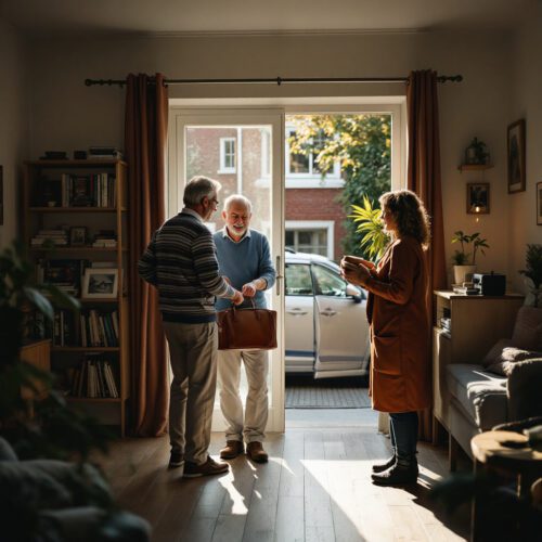 Senior verlässt Wohnung mit Pflegerin. Letzter Wohnsitz Erblasser, Nachlassrecht.