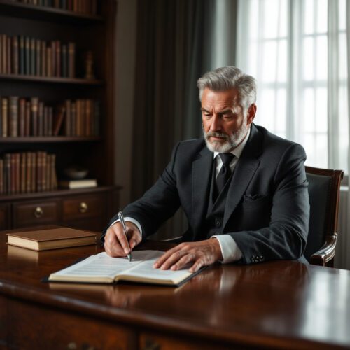 Testamentsvollstrecker erklärt Testament-Vergütung, zeigt Dokument im Büro. Seriös.