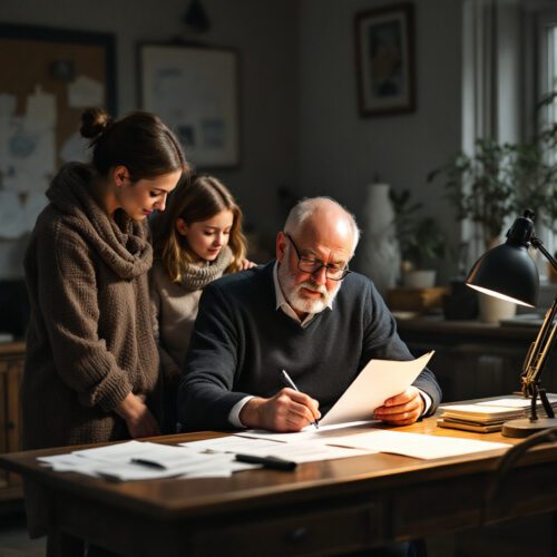 Ernster Vater liest Testament im Arbeitszimmer, Familie angespannt wegen Pflichtteilsstreit und Erbrecht.