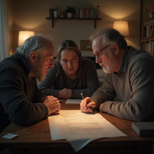 Familiengespräch im Wohnzimmer bei Erbauseinandersetzung, Testament auf Tisch, angespanntes Verhältnis