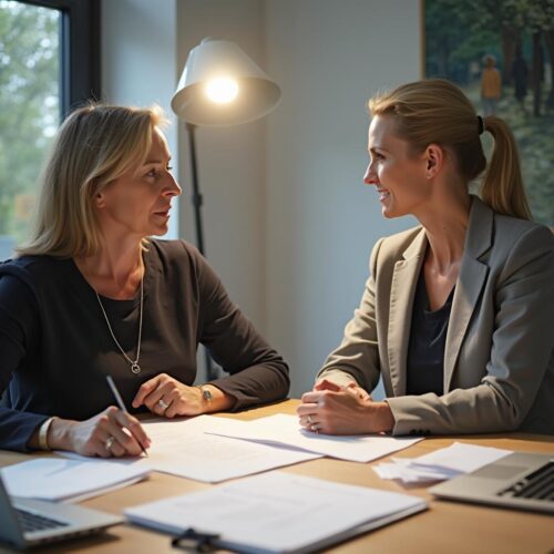 Zwei Frauen im Gespräch über Rentenversicherungsvertrag bei Besprechung, Dokumente auf Tisch