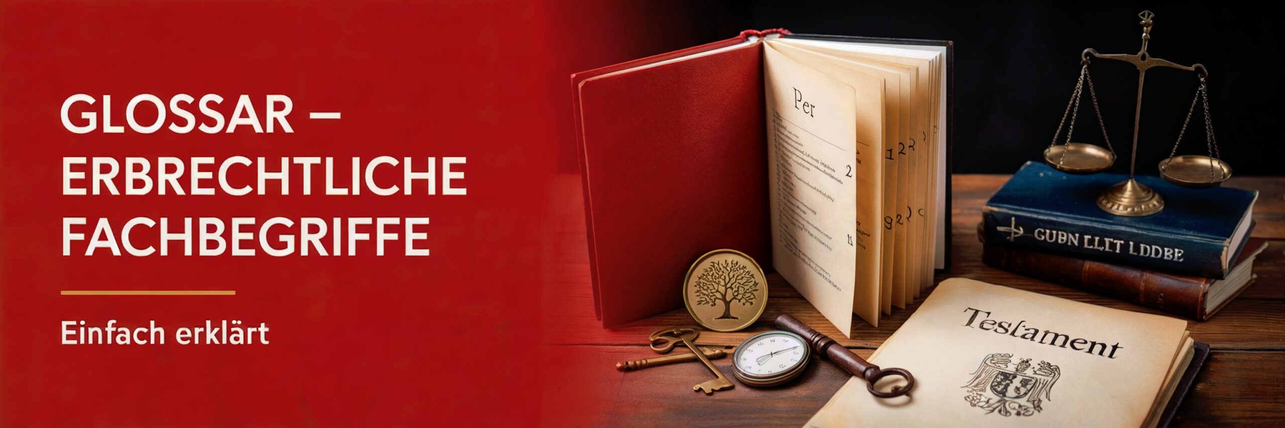 Ein Erbrecht Glossar Buch mit Waage, Taschenuhr und Testament auf einem Schreibtisch.