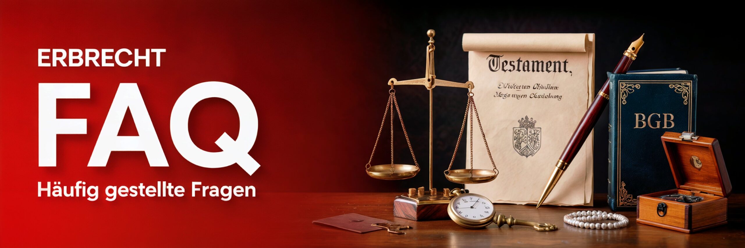 Das Bild zeigt auf der linken Seite einen großen Text mit "ERBRECHT FAQ Häufig gestellte Fragen" vor einem roten Hintergrund. Auf der rechten Seite sind eine Waage, eine Schriftrolle mit dem Wort "Testament", ein Buch mit der Aufschrift "BGB", eine Taschenuhr und eine Perlenkette zu sehen.