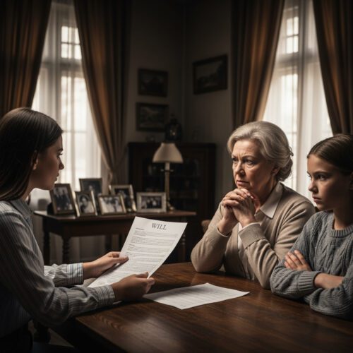 Eine junge Frau hält das handschriftliche Testament des Verstorbenen in der Hand, während die anderen Familienmitglieder mit ernsten Gesichtern dessen Gültigkeit und die Testierfähigkeit des Erblassers anzweifeln.