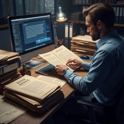 Mann sitzt konzentriert am Schreibtisch und liest Dokumente, während auf dem Computerbildschirm Text angezeigt wird. Die Szene passt zum Thema notarielles Nachlassverzeichnis und Pflichtteilsermittlung.