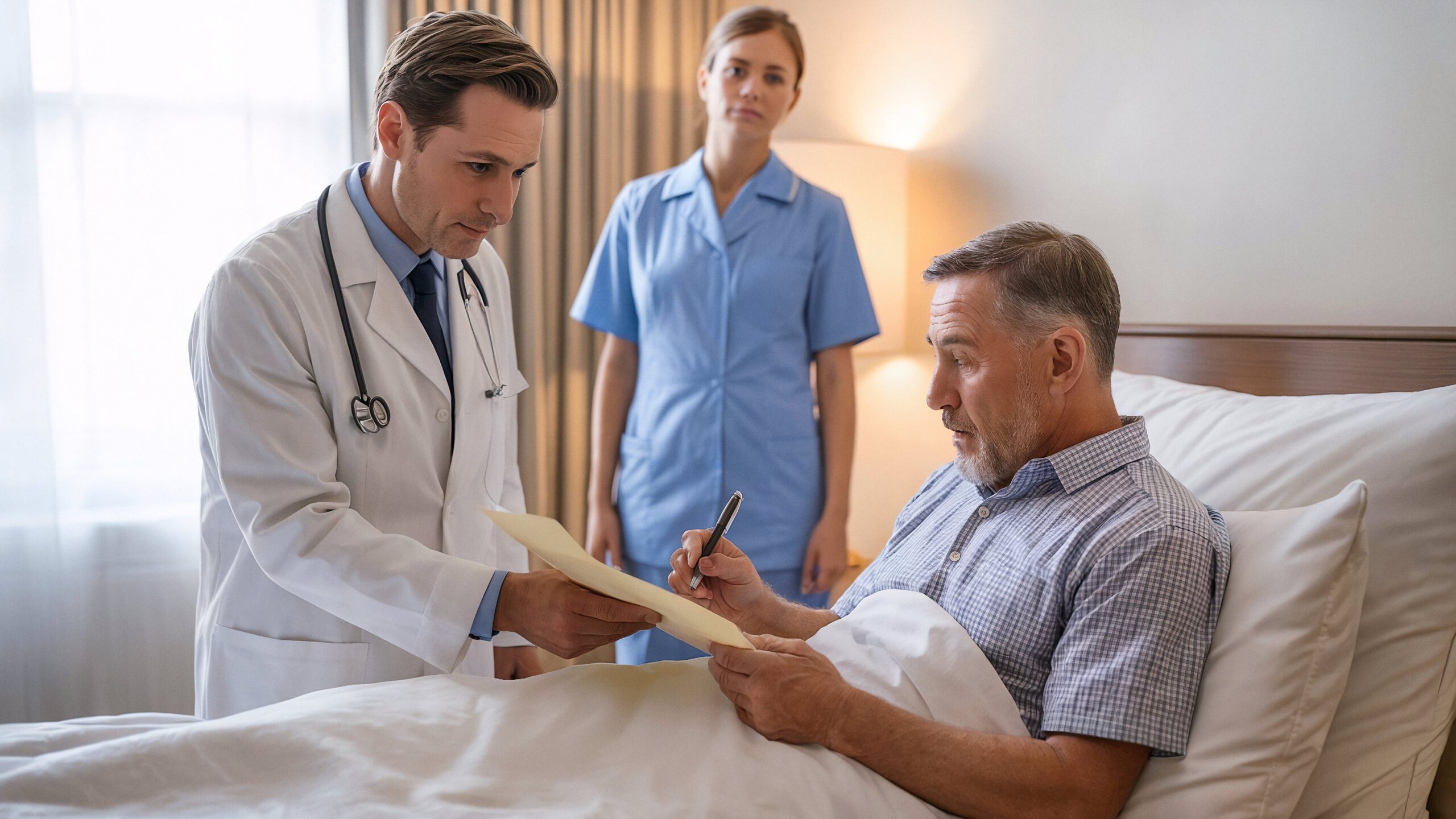 Ein Patient unterzeichnet ein Vermächtnis, das seinem Hausarzt ein wertvolles Grundstück zusichert, während eine Pflegerin im Hintergrund den Vorgang beobachtet.