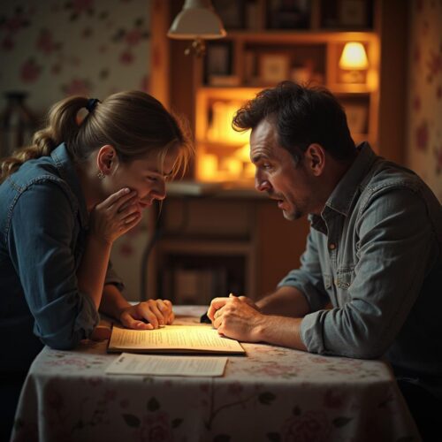 Ein Ehepaar aus einer Patchworkfamilie prüft die Details ihres gemeinschaftlichen Berliner Testaments, dessen Auslegung später einen erbitterten Erbstreit zwischen den Stieftöchtern auslösen wird.