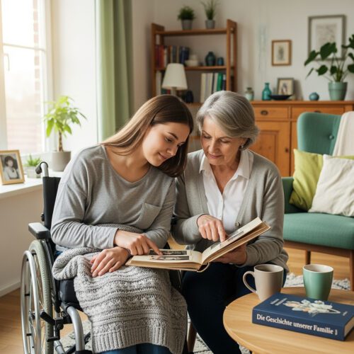 Eine junge Frau mit Behinderung im Rollstuhl und ihre Betreuerin betrachten in konzentrierter Ruhe ein Fotoalbum, während die weitreichende Entscheidung über das Ausschlagen eines Erbes ansteht, das ihre Pflegekosten beeinflusst.