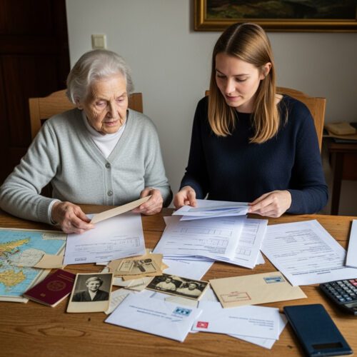 Eine Witwe sichtet gemeinsam mit einer Rechtsberaterin akribisch Papiere und Fotos, um die Erbfolge ihres verstorbenen Mannes nach der komplexen Auslandsheirat und dem Staatsangehörigkeitswechsel zu klären.