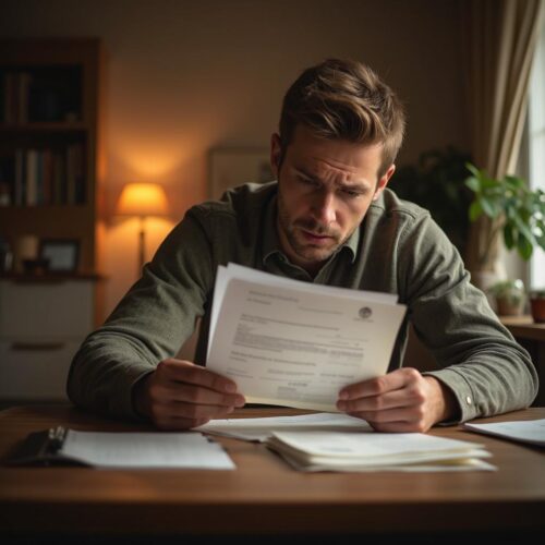 Der Erbe prüft konzentriert Dokumente zur Forderung der Bestattungskosten, während er nach einer Anfechtungsmöglichkeit für seine irrtümlich angenommene und überschuldete Erbschaft sucht – trotz längst abgelaufener Frist.