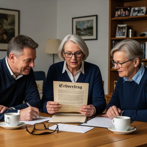 Eine betroffene Erbin prüft mit ihren Anwälten in ernster Runde die überraschende Gültigkeit eines alten Erbvertrags, der nach der Scheidung eine unerwartete Erbeinsetzung des Ex-Mannes festlegt.