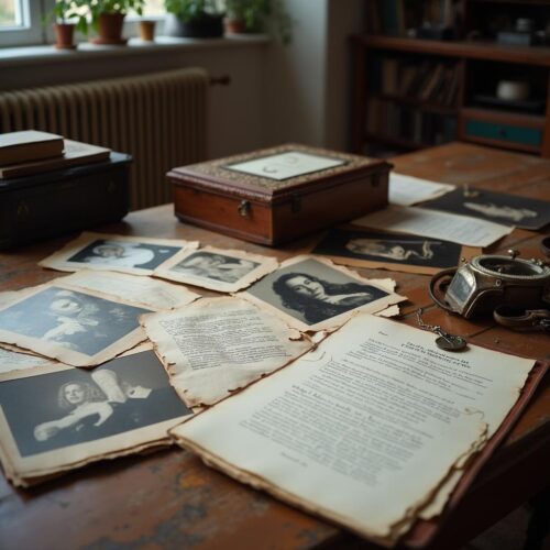 Eine verzierte Holzkiste und ausgebreitete alte Papiere auf einem Holztisch, darunter ein gemeinschaftliches Testament und ein späteres Einzeltestament, zeugen von einem komplexen Erbschaftsstreit um die Ansprüche eines Stiefkindes.