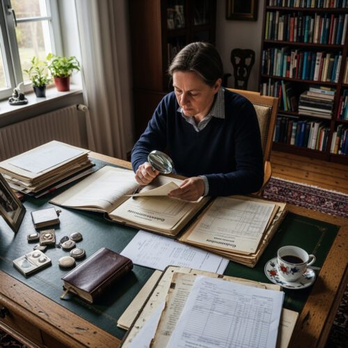 Eine Notarin prüft akribisch die Vollständigkeit eines notariellen Nachlassverzeichnisses, dessen Unstimmigkeiten ein Zwangsgeldverfahren ausgelöst haben.