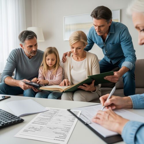 Eine Erbin füllt im Kreise ihrer Angehörigen akribisch die Formulare für den Erbschein aus, dessen Erbquoten sich nach dem griechischen Erbrecht richten.