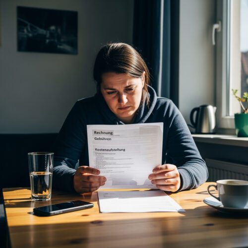 Eine Betroffene prüft angespannt die Kostenaufstellung für das gerichtlich angeordnete Nachlassverzeichnis. Obwohl es verspätet erstellt wurde, muss sie nun die Kosten des Zwangsmittelverfahrens tragen.