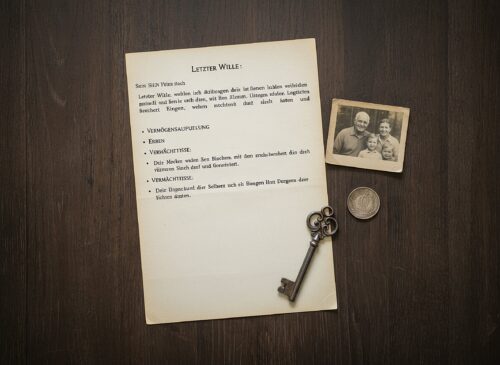 Ein zur Hälfte beschriebenes Testament liegt auf einem Tisch, daneben ein Schlüssel, eine Münze und ein Foto als Symbole für verschiedene Arten des Erbes.