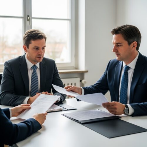 Ein Anwalt prüft ein mehrseitiges Testament und den Abschiedsbrief zur Ablieferungspflicht unter Schweigepflicht.