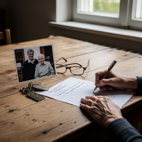 Eine Hand verfasst das eigenhändige Testament des abgebildeten Erblassers, dessen fehlerhafte Formulierungen später vor Gericht den Anspruch der Nacherbin auf das Elternhaus vereiteln werden.