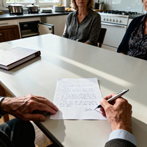 Die Erblasserin unterschreibt ihr Testament. Zeuginnen beweisen so die Echtheit – wichtig für Erbschein ohne Original.