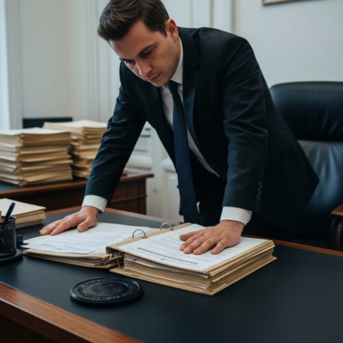 Ein Rechtsanwalt studiert die Nachlassakte, um das berechtigte Interesse für die Akteneinsicht ins psychiatrische Gutachten zu beweisen.