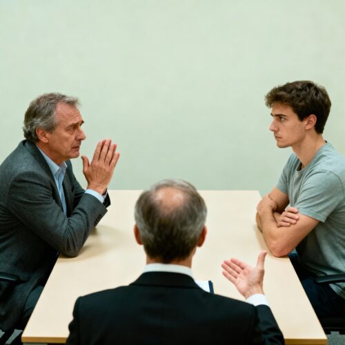 Angespanntes Gespräch zwischen einem älteren Vorerben und einem jüngeren Nacherben in einer Anwaltskanzlei, die Atmosphäre ist sichtlich konfliktreich.