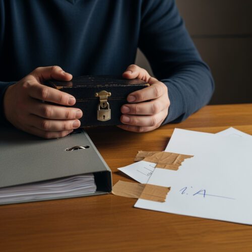 Drohendes Zwangsgeld: Der Erbe hält die Geschäftsanteile (Kiste) verschlossen, um das Pflichtteil-Wertgutachten zu verhindern.