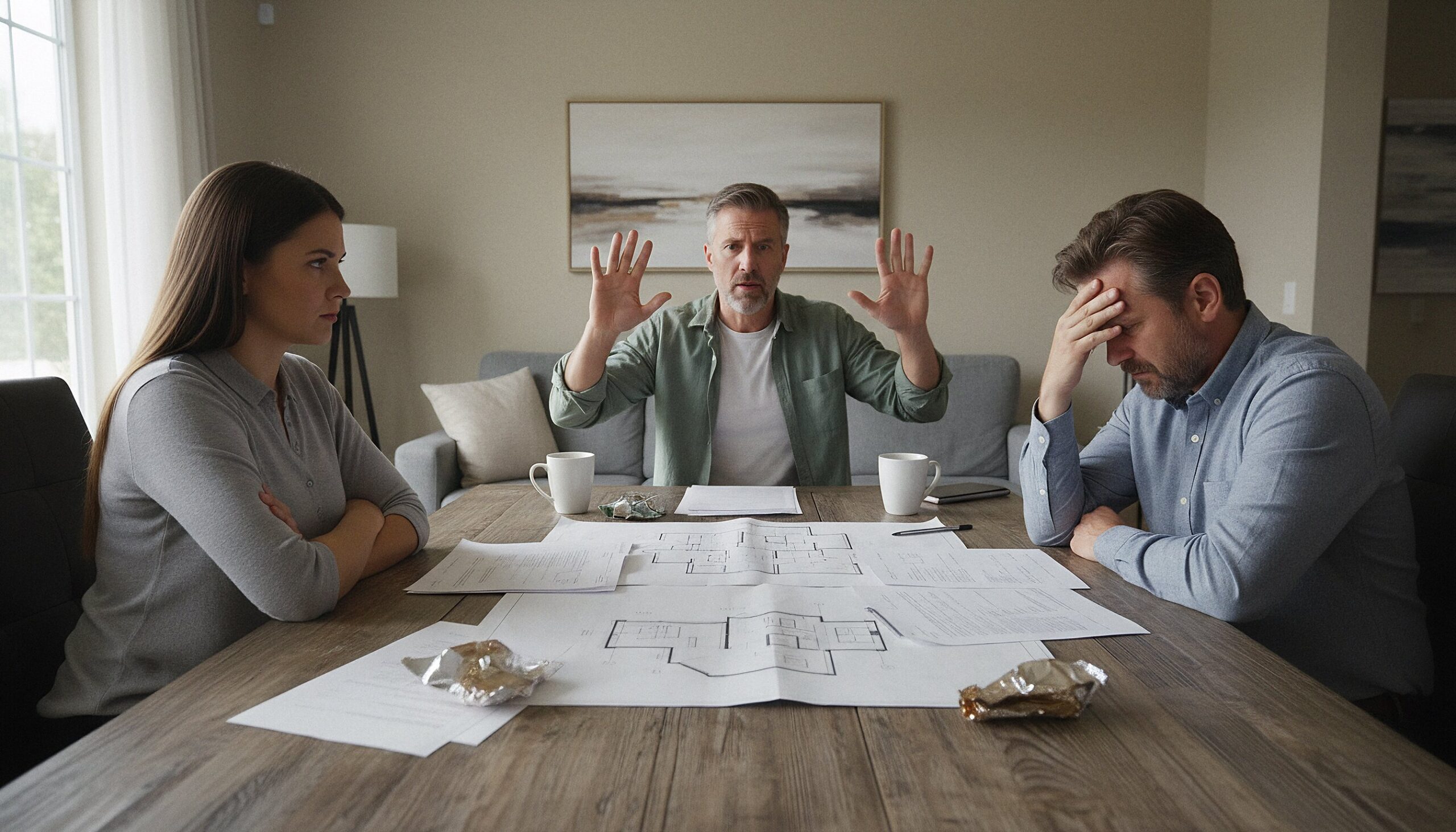 Drei Personen unterschiedlichen Alters sitzen mit verschränkten Armen und angespannten Gesichtern an einem Tisch, auf dem Papiere liegen, was einen Konflikt in einer Erbengemeinschaft darstellt.