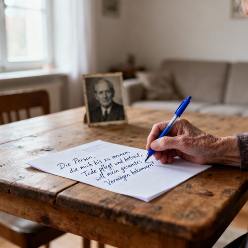Eine ältere, einsame Frau sitzt an einem Tisch und schreibt mit einem einfachen Stift ihren letzten Willen handschriftlich nieder, wobei die Formulierung des zukünftigen Erben an eine vage Pflegeleistung geknüpft wird.