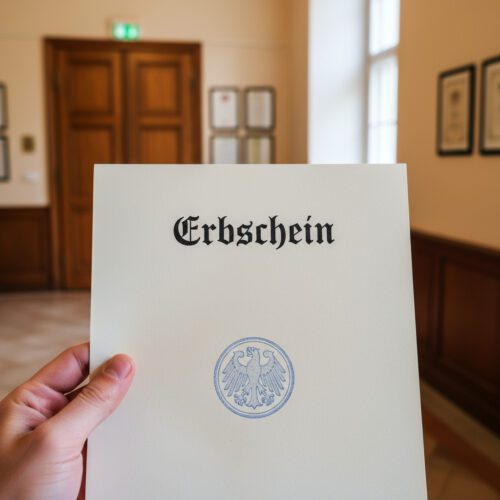 Nahaufnahme einer Hand, die ein offizielles deutsches Dokument mit der Aufschrift 'Erbschein' und einem Siegel in den Händen hält.
