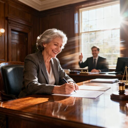 Eine erleichtert und glücklich lächelnde ältere Frau unterzeichnet als befreite Vorerbin den Kaufvertrag für eine Immobilie in einem Notariat.