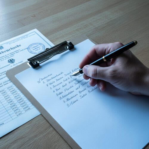 Eine Hand hakt mit einem Stift einen Punkt auf einer Checkliste ab. Im Hintergrund sind eine deutsche Sterbeurkunde und weitere Unterlagen unscharf zu sehen.