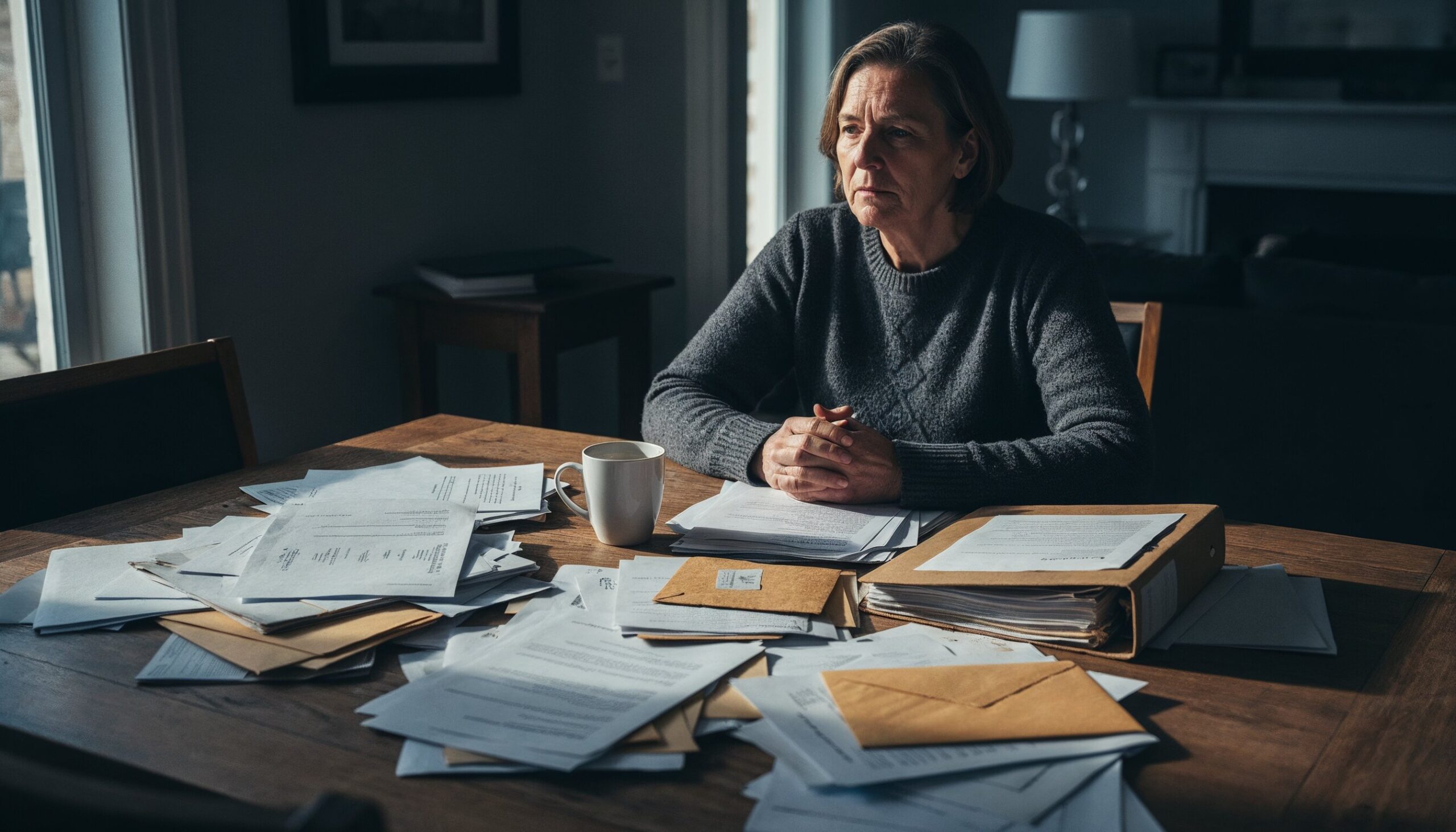 Nachdenkliche Person sitzt an einem Tisch, der mit unsortierten Dokumenten, Briefen und Ordnern bedeckt ist, und symbolisiert die Unsicherheit nach einem Todesfall ohne Testament.