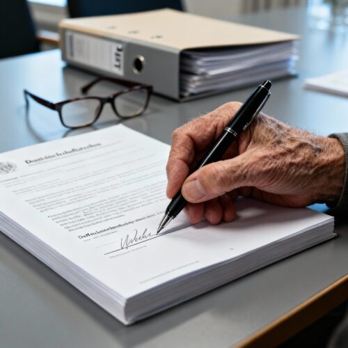 Die ältere Hand unterzeichnet die Vorsorgevollmacht, um die rechtliche Vertretung im Pflegefall zu sichern.