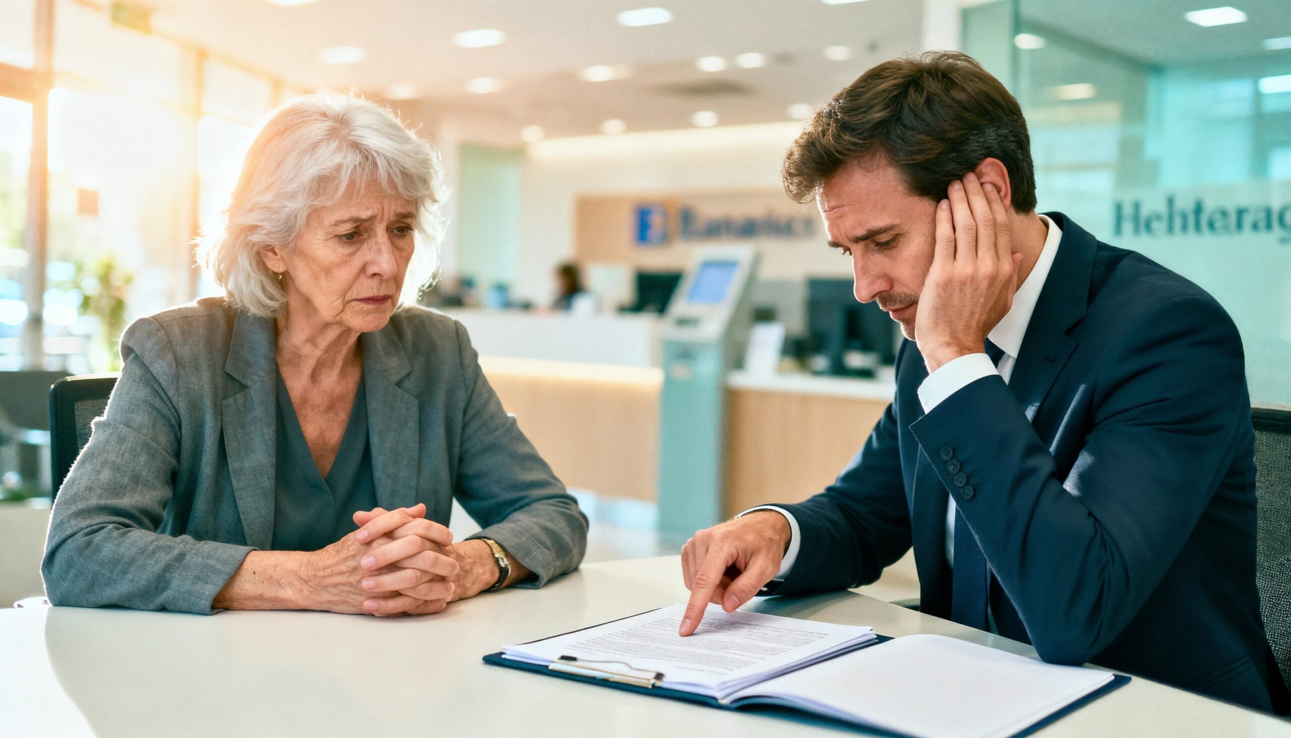 Eine verzweifelte ältere Dame in einer Bankfiliale, der Bankberater zeigt bedauernd auf einen Grundbuchauszug und lehnt ihren Kreditantrag ab.