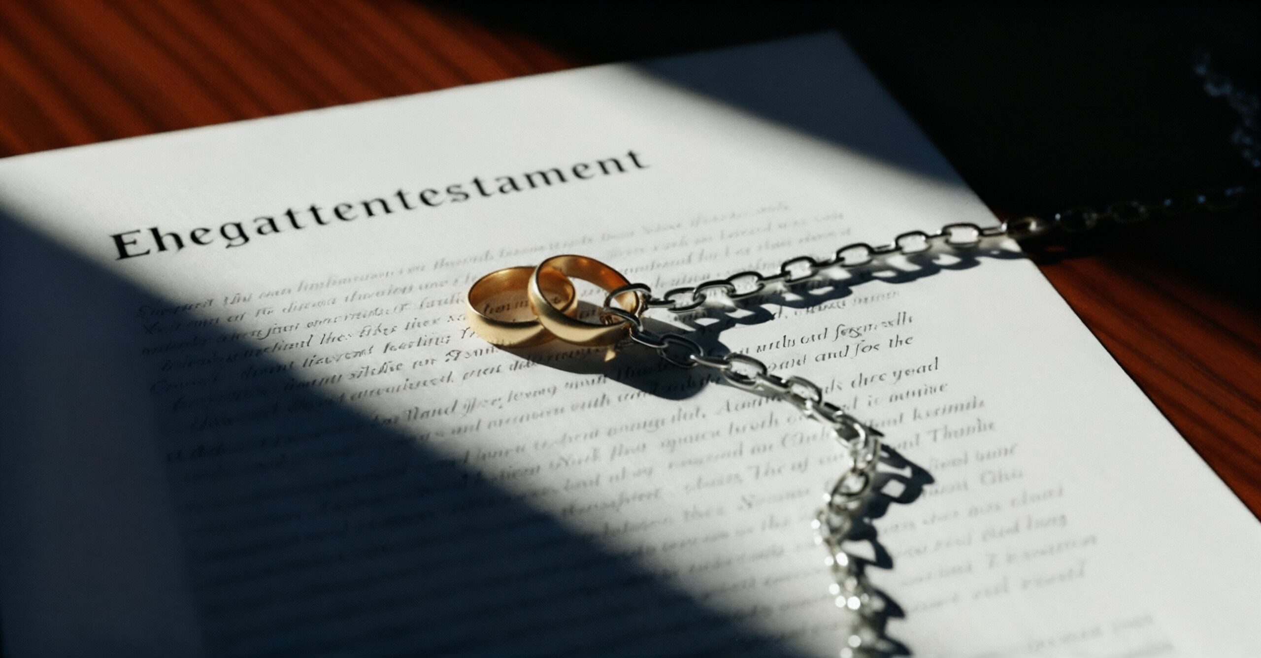 Zwei Eheringe auf einem Testament, wobei ein Ring in eine Kette übergeht als Symbol für die Bindungswirkung.