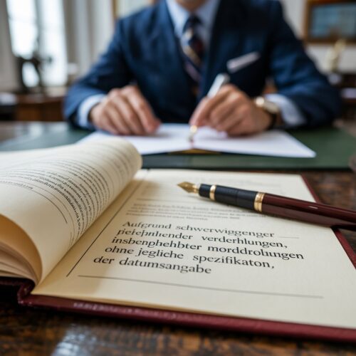 Nahaufnahme eines offiziellen Testaments auf einem Schreibtisch, dessen Text vage Verfehlungen nennt, bereit zur Unterzeichnung.