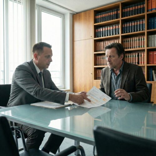 Ein Anwalt legt in einer Kanzlei einem überraschten Mann einen alten Kontoauszug als Beweis für eine anrechenbare Schenkung vor.