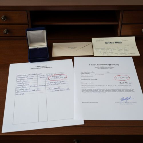 Ein handschriftliches Nachlassdokument liegt neben einem Notarvertrag; rot eingekreiste Zahlen markieren eine massive finanzielle Differenz.
